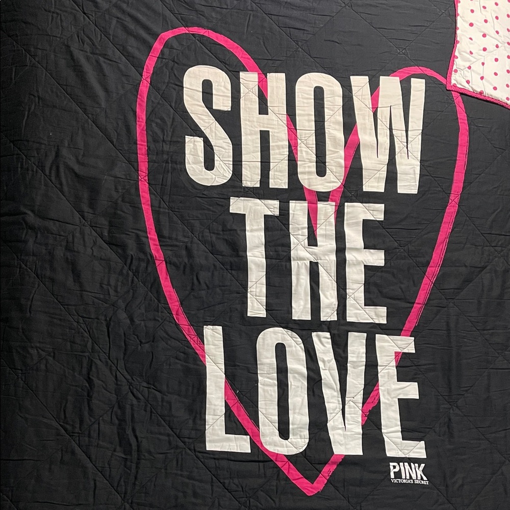 PINK Victoria's Secret Black Quilt with Pink Heart Outline